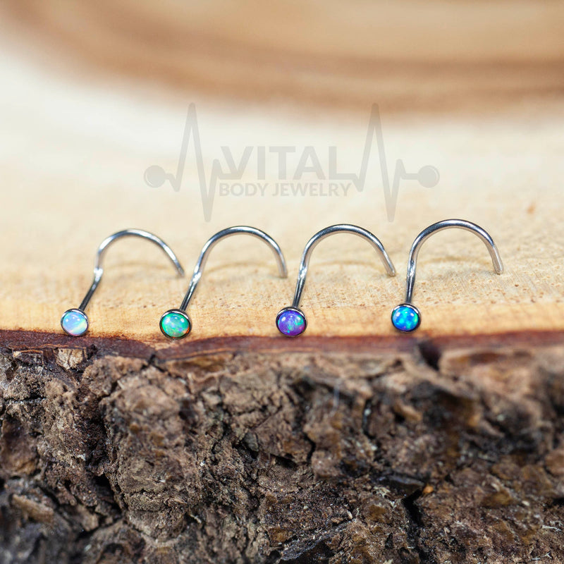 22G surgical steel corkscrew nose ring with multicolor opal gem for a sparkling and secure fit
