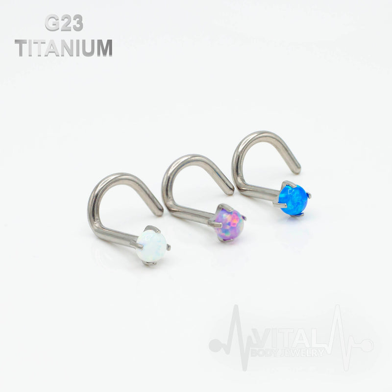 18G and 20G titanium corkscrew nose ring with 2.5mm opal stud, designed for comfortable wear and secure fit