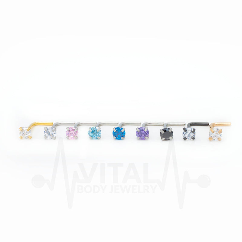 20G surgical steel L-bend nose stud with 3mm clear cubic zirconia gem for a secure and stylish fit