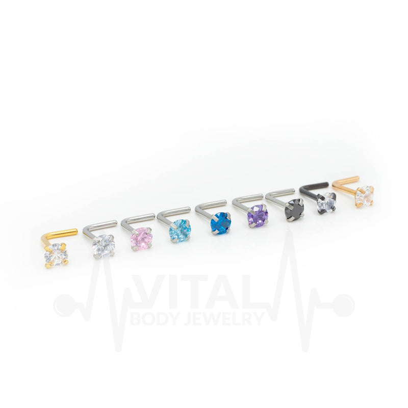 20G surgical steel L-bend nose stud with 3mm clear cubic zirconia gem for a sparkling and secure fit