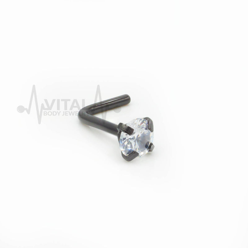 20G L Shaped Nose Stud with Colorful Gems, 3mm Cubic Zirconia Clear Gem, Surgical Steel