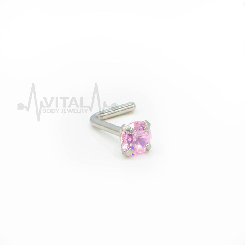 20G L Shaped Nose Stud with Colorful Gems, 3mm Cubic Zirconia Clear Gem, Surgical Steel