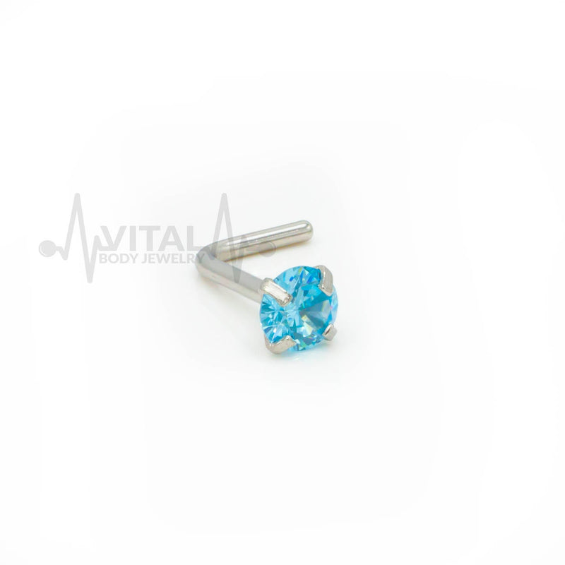 20G L Shaped Nose Stud with Colorful Gems, 3mm Cubic Zirconia Clear Gem, Surgical Steel
