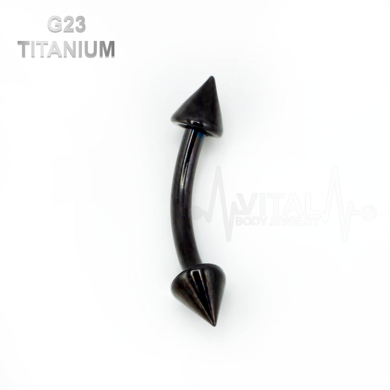 16G G23 titanium curved eyebrow ring with spike ends, PVD coated in multiple colors for a bold, edgy look