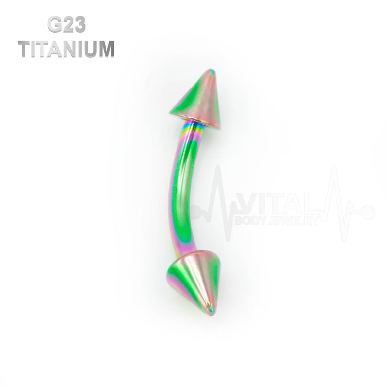 16G titanium curved eyebrow ring with spike ends, available in gold, rose gold, black, silver, and rainbow colors.