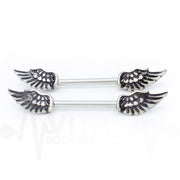 14G surgical steel nipple bars with winged antique design and 6mm ball ends for comfort and style