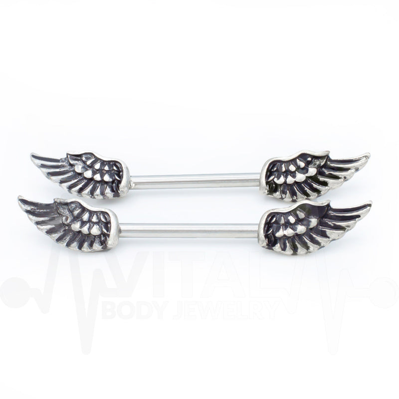 14G surgical steel nipple bars with winged antique design and 6mm ball ends for comfort and style