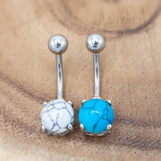 14G surgical steel belly button ring with turquoise and howlite stones, externally threaded design and smooth finish for comfort.