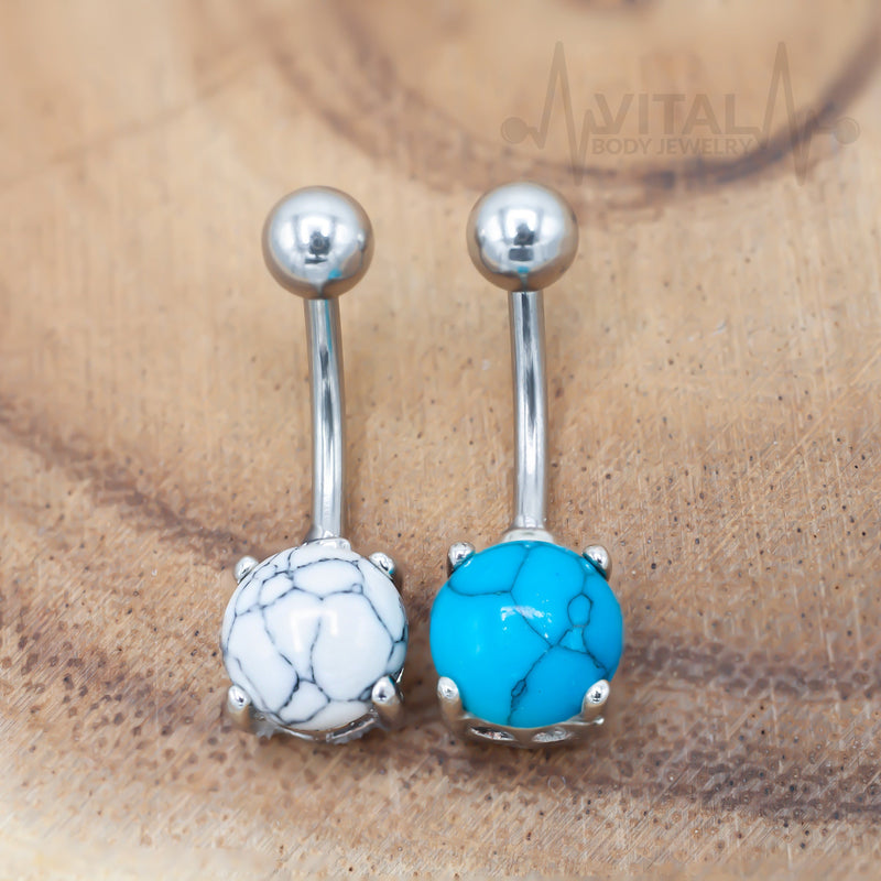 14G surgical steel belly button ring with turquoise and howlite stones, externally threaded design and smooth finish for comfort.