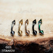 16G G23 titanium curved eyebrow ring with spike ends, available in multiple colors, for a bold and edgy style.