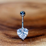 14G surgical steel belly ring with heart-shaped cubic zirconia gem for elegant body jewelry style.