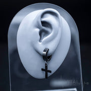 20GA stainless steel cross earrings with hinged hoop design and dangle feature, suitable for men and women.