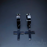 20GA 316L stainless steel cross earrings with hinged hoop design and dangle, suitable for unisex wear in black, silver, and gold colors.