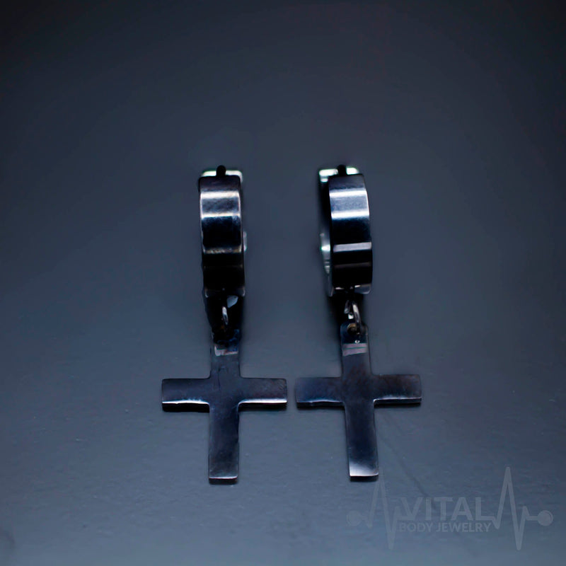 20GA 316L stainless steel cross earrings with hinged hoop design and dangle, suitable for unisex wear in black, silver, and gold colors.