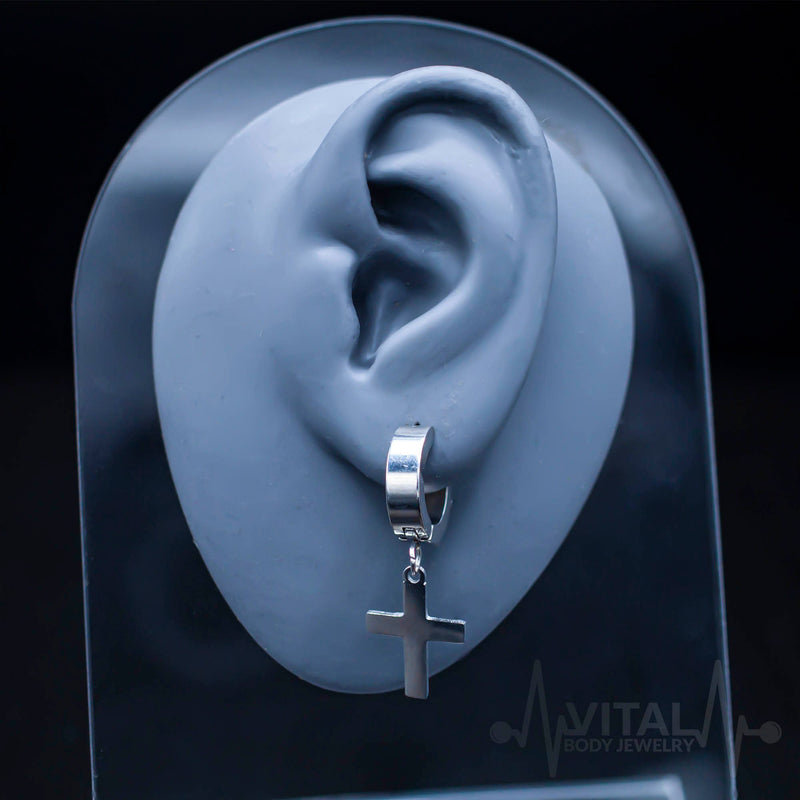 Pair of Cross Earrings in Black, Silver and Gold Colors, Hinged Hoop with Cross Dangle for Men and Women