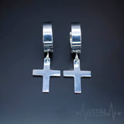 Pair of Cross Earrings in Black, Silver and Gold Colors, Hinged Hoop with Cross Dangle for Men and Women