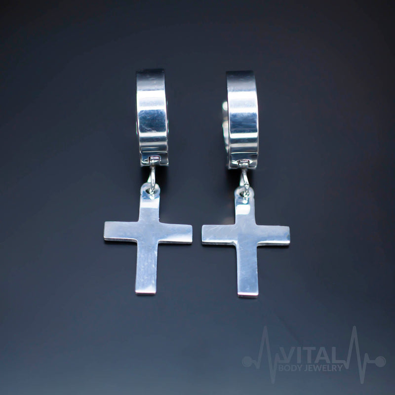 Pair of Cross Earrings in Black, Silver and Gold Colors, Hinged Hoop with Cross Dangle for Men and Women