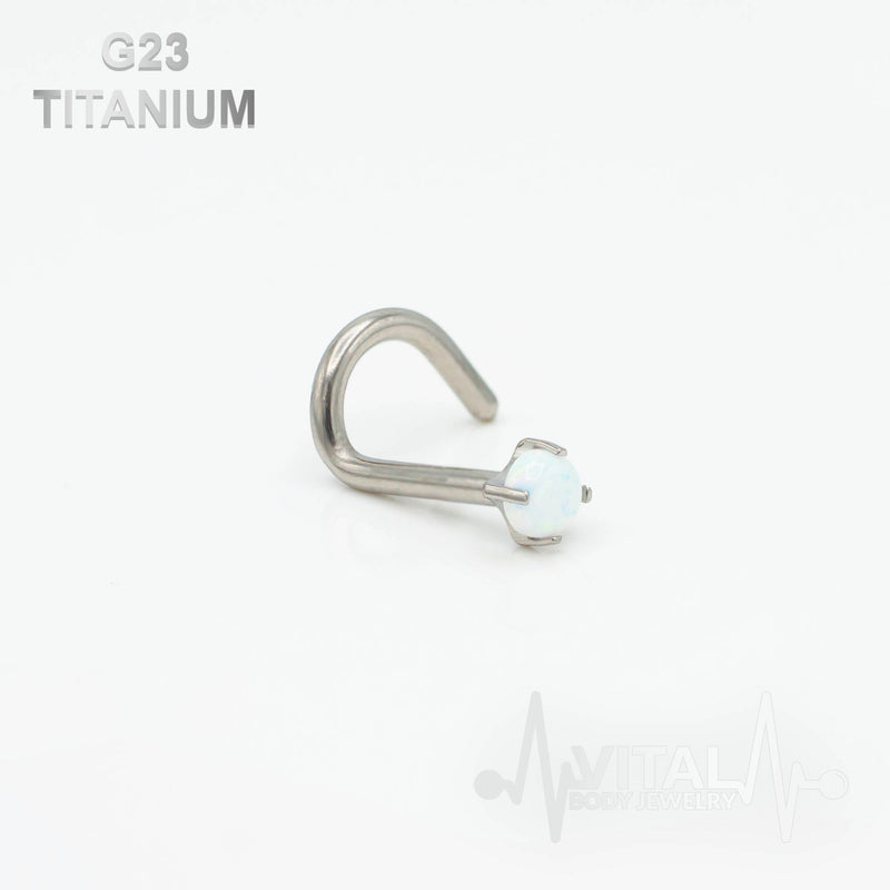 18G and 20G titanium corkscrew nose ring with 2.5mm opal stud for elegant and secure fit, suitable for sensitive skin.