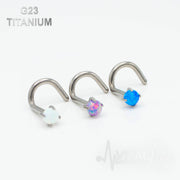 18G and 20G titanium corkscrew nose ring with 2.5mm opal stud for secure, stylish, and comfortable wearing.
