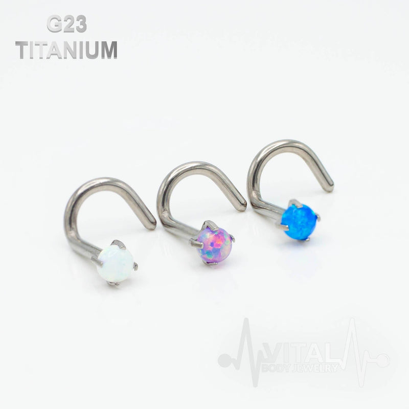 18G and 20G titanium corkscrew nose ring with 2.5mm opal stud for secure, stylish, and comfortable wearing.