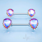 14G surgical steel nipple bars with purple Aurora Borealis cubic zirconia gems, featuring double front-facing teardrop design for added sparkle.