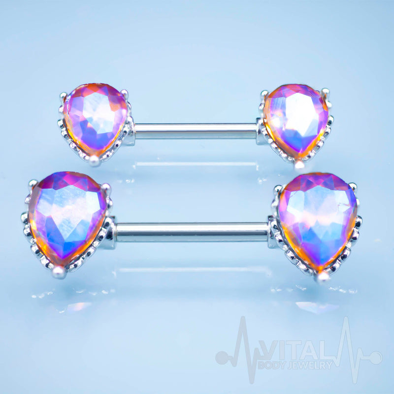 14G surgical steel nipple bars with purple Aurora Borealis cubic zirconia gems, featuring double front-facing teardrop design for added sparkle.