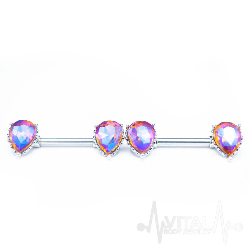 14G surgical steel nipple bars with purple Aurora Borealis CZ gems, featuring double front facing teardrop design for a captivating sparkle.