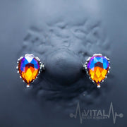 14G surgical steel nipple bars with purple Aurora Borealis CZ gems in teardrop design for captivating sparkle
