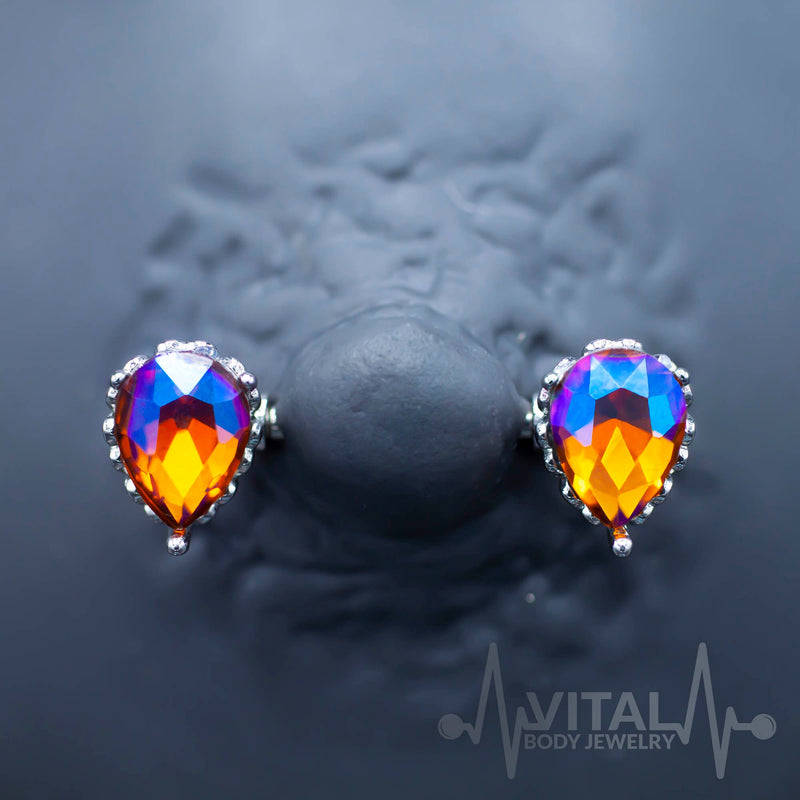 14G surgical steel nipple bars with purple Aurora Borealis CZ gems in teardrop design for captivating sparkle