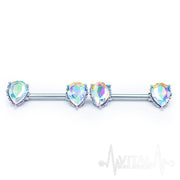 14G surgical steel nipple bars with double front-facing cubic zirconia gems in teardrop settings for a sparkling appearance