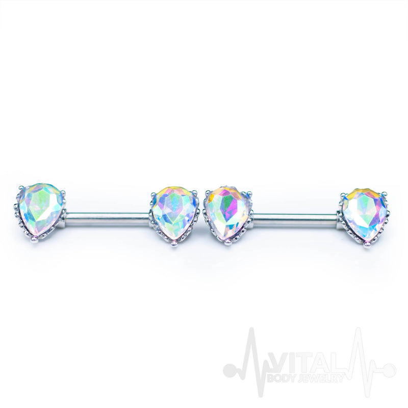 14G surgical steel nipple bars with double front-facing cubic zirconia gems in teardrop settings for a sparkling appearance