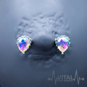 14G surgical steel nipple bars with double front-facing cubic zirconia gems in teardrop settings for stunning sparkle and style
