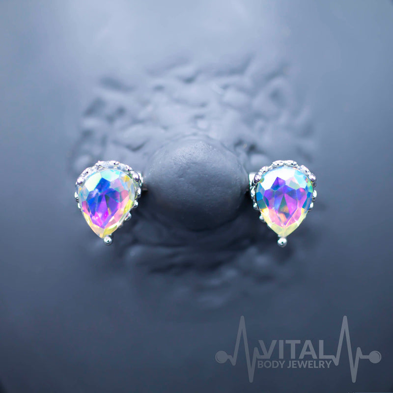 14G surgical steel nipple bars with double front-facing cubic zirconia gems in teardrop settings for stunning sparkle and style