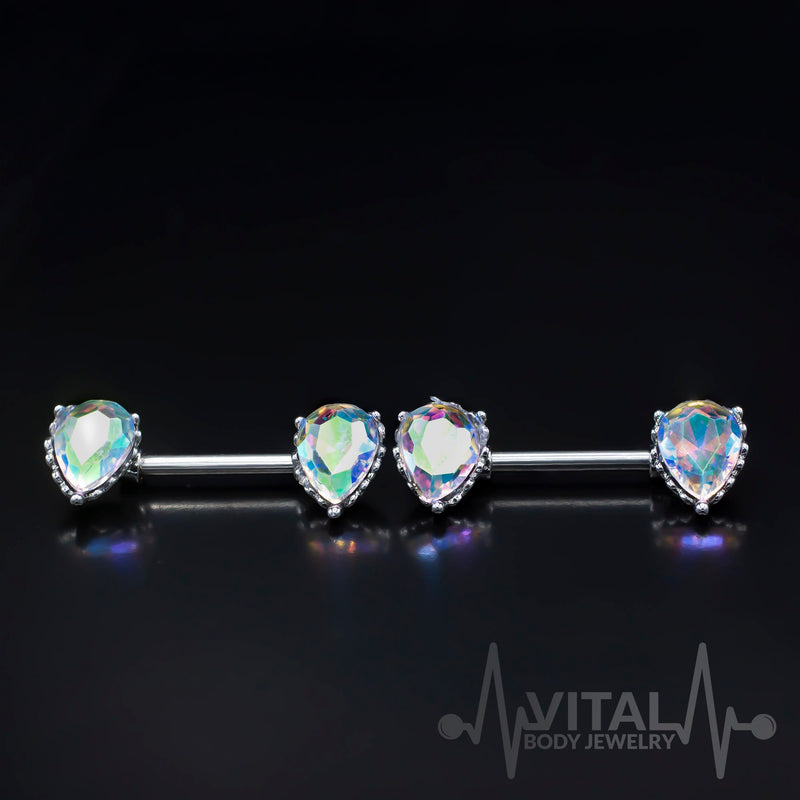 14G surgical steel nipple bars with double front-facing cubic zirconia gems in teardrop settings for enhanced sparkle.