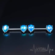 14G surgical steel nipple bars with aqua Aurora Borealis cubic zirconia gems, featuring a teardrop design and externally threaded style