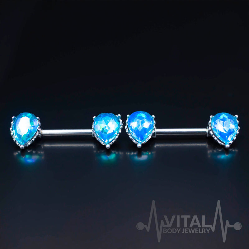 14G surgical steel nipple bars with aqua Aurora Borealis cubic zirconia gems, featuring a teardrop design and externally threaded style