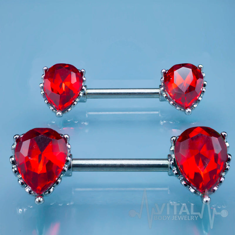 14G surgical steel nipple barbell with red aurora borealis cubic zirconia gems, featuring externally threaded double front facing design