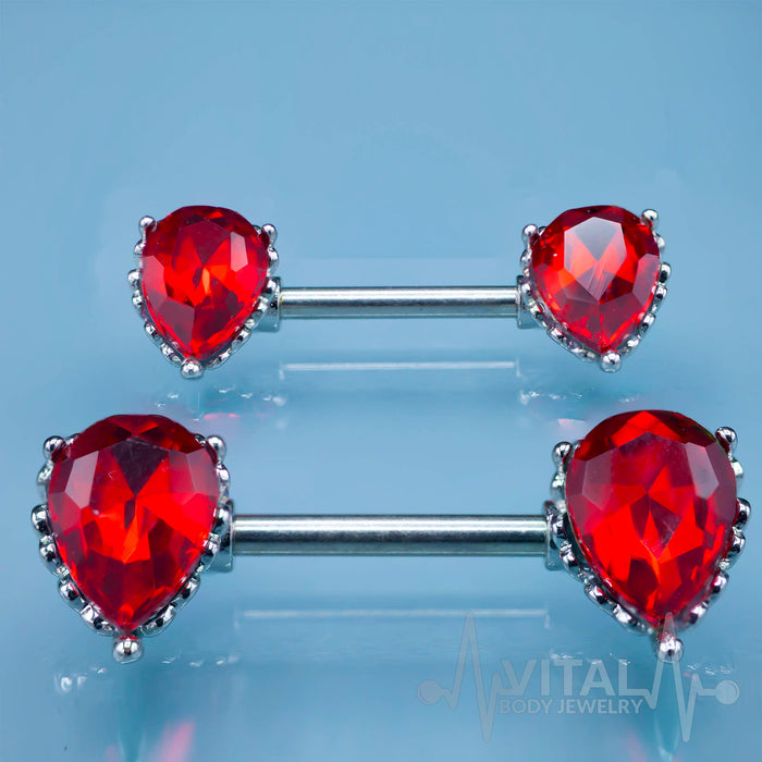 Pair of Red Nipple Bars, Aurora Borealis affect Nipple Rings, 14G, Double Front Facing Teardrop CZ Prong Set Active