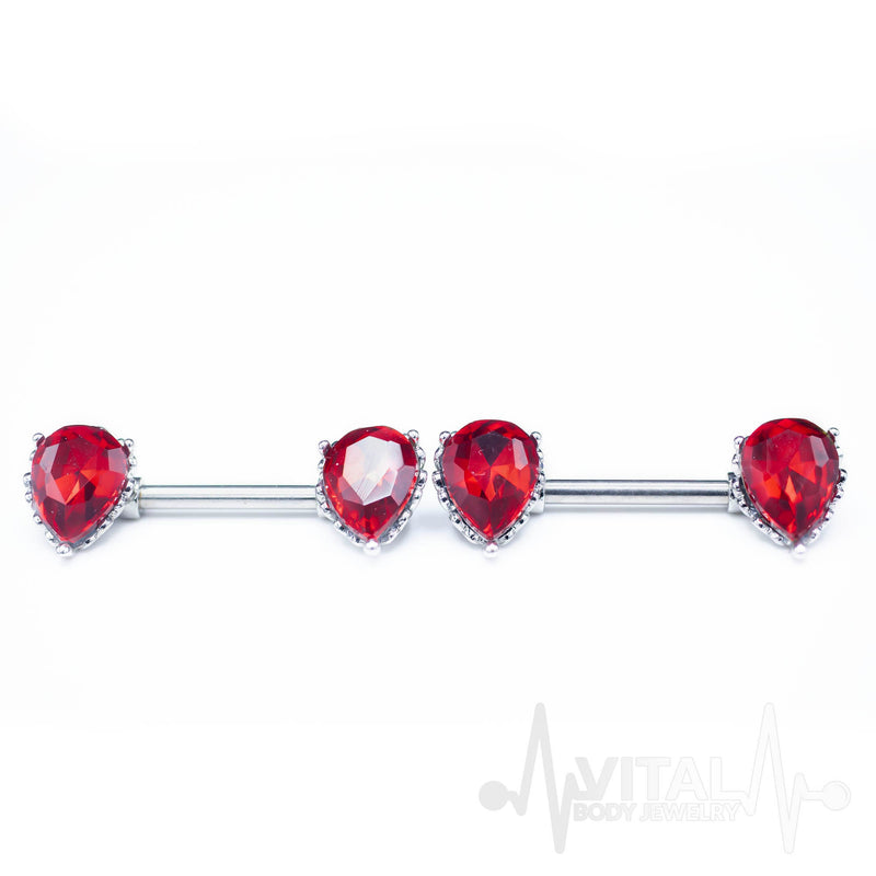 14G surgical steel nipple barbell with red Aurora Borealis cubic zirconia gems, externally threaded and double front facing design.