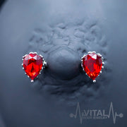 14G surgical steel nipple barbell with double front facing red aurora borealis CZ gems for an eye-catching sparkle.