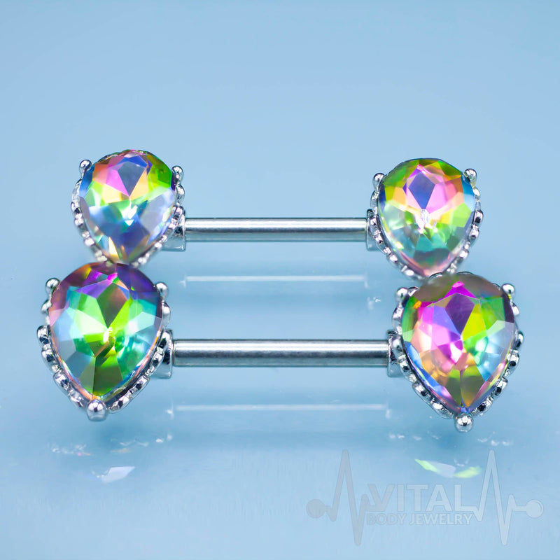 14G surgical steel nipple bars with Vitrail Medium cubic zirconia gems, featuring externally threaded design for secure fit.