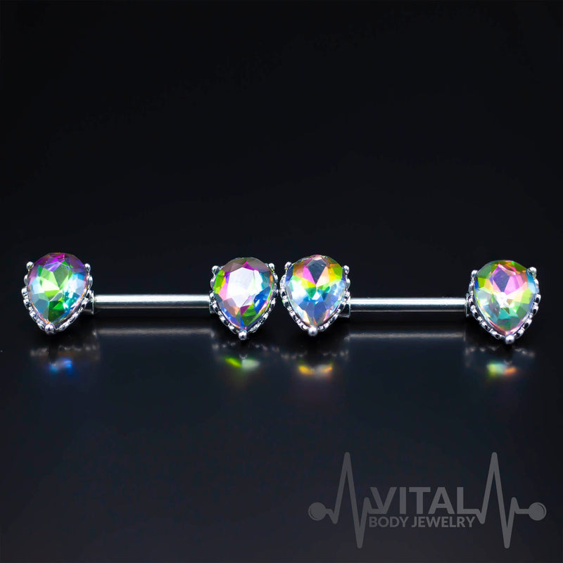 14G surgical steel nipple bars with Vitrail Medium cubic zirconia gems, featuring double front-facing design for a sparkling effect