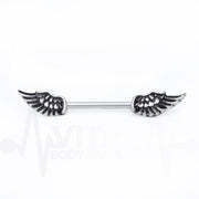 14G surgical steel nipple bars with winged antique design featuring 6mm balls and externally threaded ends for comfortable wear