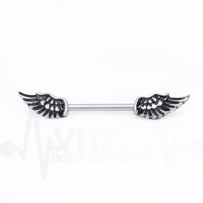 14G surgical steel nipple bars with winged antique design featuring 6mm balls and externally threaded ends for comfortable wear