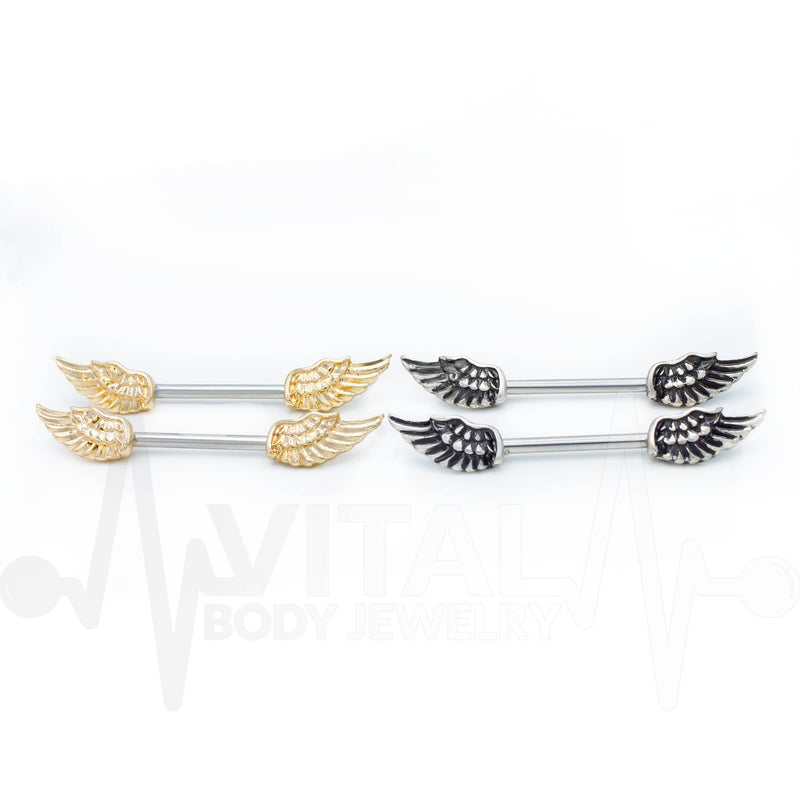 14G surgical steel nipple bars with winged antique design and 6mm ball ends for a vintage aesthetic