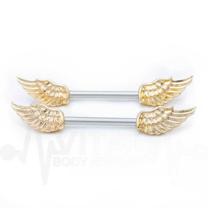 Pair of Winged Antique Style Nipple Bars, Surgical Steel, 14G Externally Threaded