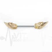 14G surgical steel nipple bars with winged antique design and 6mm balls for a vintage aesthetic and comfortable wear