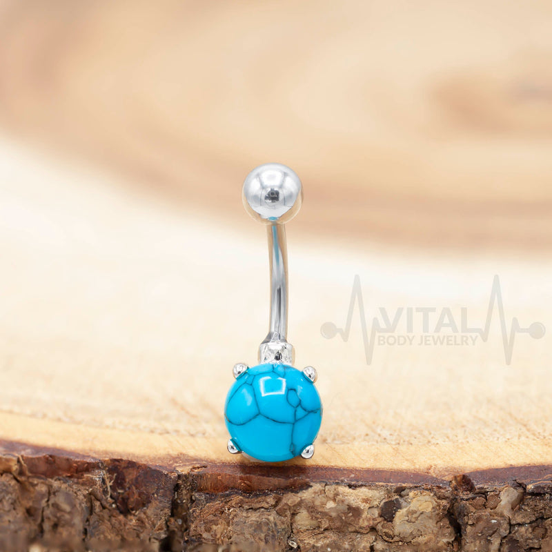 14G surgical steel belly button ring with turquoise and howlite stones, featuring externally threaded design and comfortable 3/8" length.