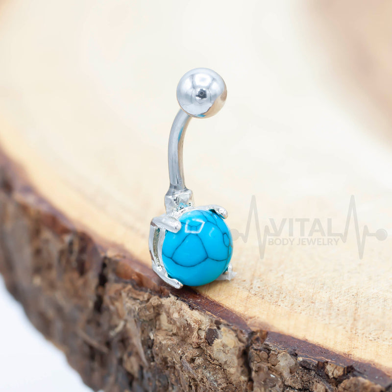14G surgical steel belly button ring with turquoise and howlite stones, externally threaded design for easy wear and secure fit