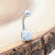 14G surgical steel belly button ring with turquoise and howlite stones, externally threaded design for secure fit and comfort